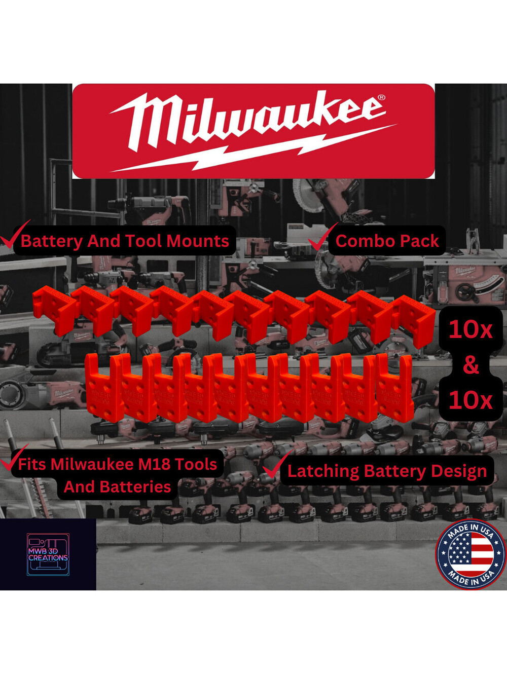 20 Piece Combo Pack Milwaukee M18 Battery & Tool Mounts/Holders/Hangers